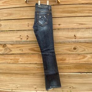 GUESS Daredevil Boot Cut Distressed Dark Blue Jeans Size 27